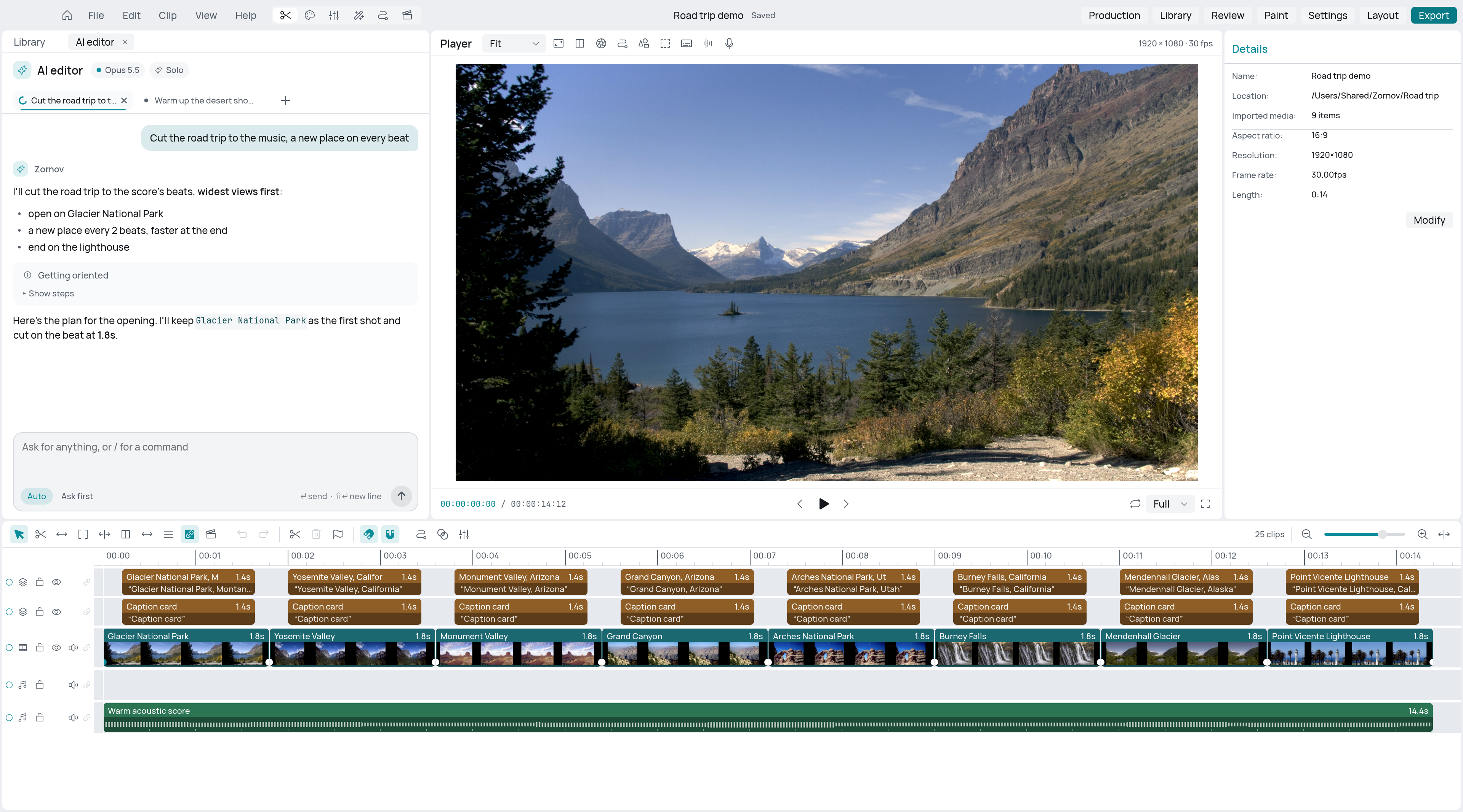 The AI editor beside the Viewer and Timeline