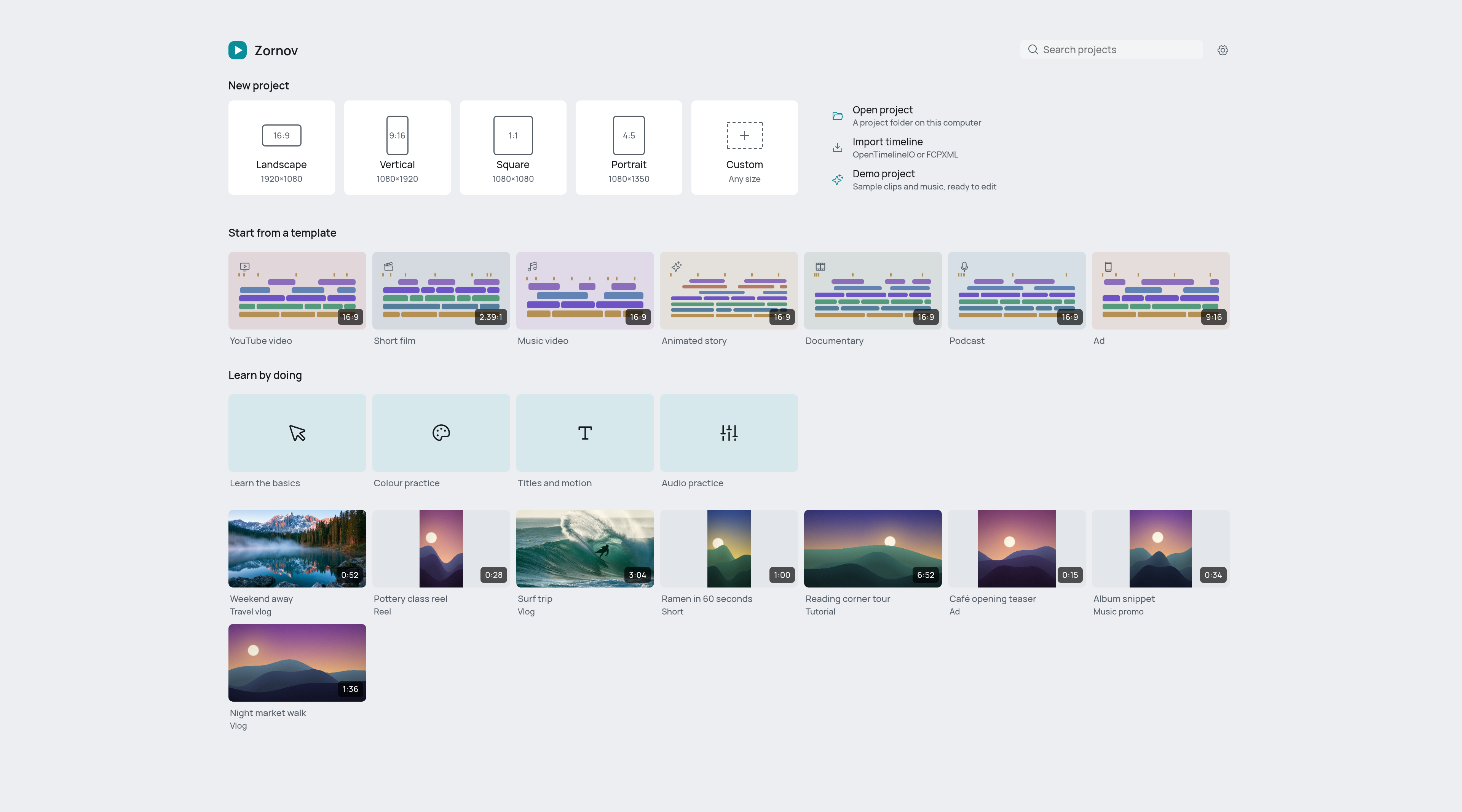 The start screen, with frame shapes, templates and recent projects